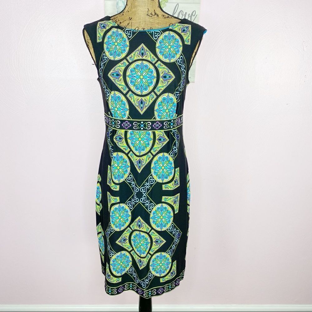 Sandra Darren Mandala Print Sleeveless Sheath Dress Size 8 Black Neon Multi